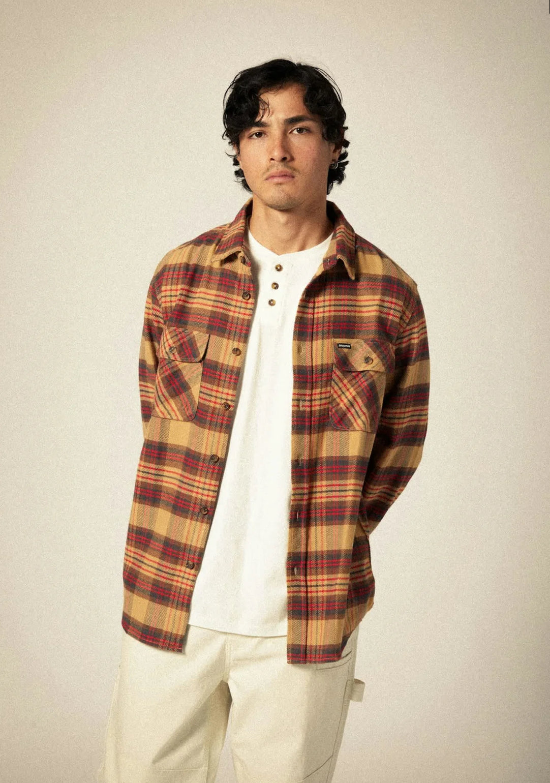BRIXTON - Bowery Flannel - Curry/Washed Black/Crimson