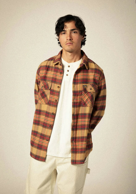 BRIXTON - Bowery Flannel - Curry/Washed Black/Crimson