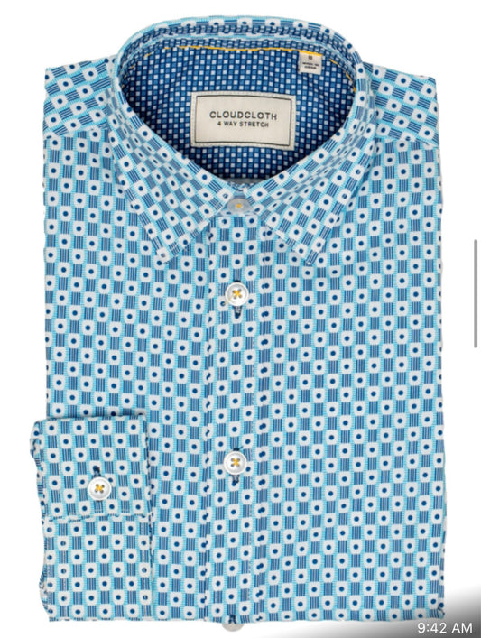 Cloud Cloth - Boy 4 Way Stretch Shirt(Blue/White Pattern)