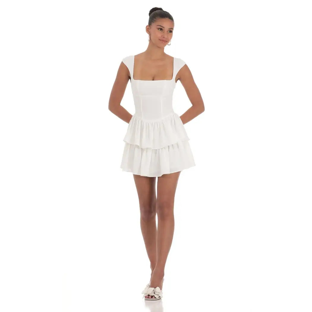 Lucy In The Sky - Wide Strap Ruffle Dress In White