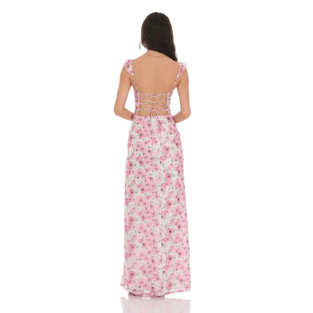 Lucy In The Sky - Lace Floral Ruffle Sleeve Maxi Dress