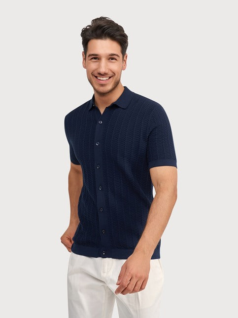 BLUE INDUSTRY - Button Up Knit Polo in Navy