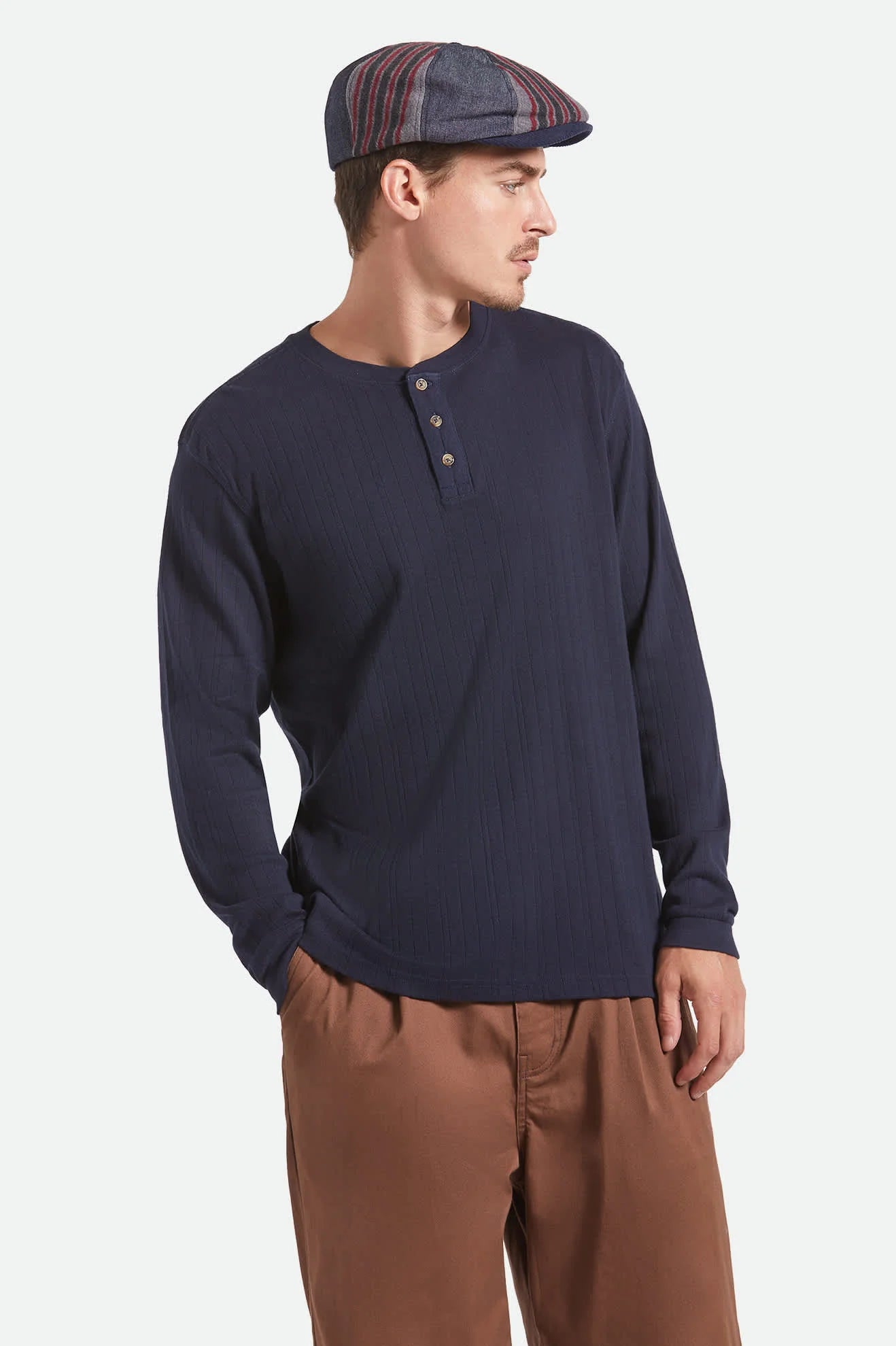 BRIXTON - Vintage Ribbed Long Sleeve Henley in Washed Navy
