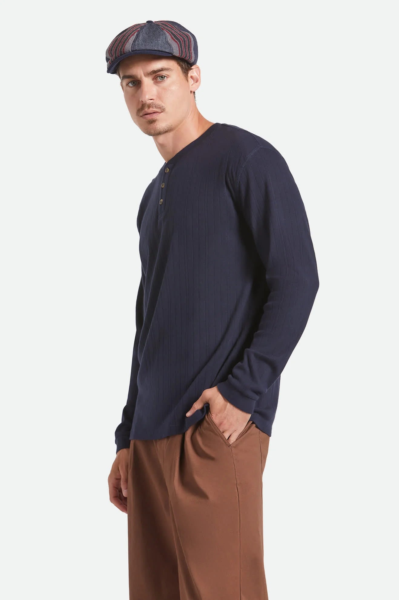 BRIXTON - Vintage Ribbed Long Sleeve Henley in Washed Navy
